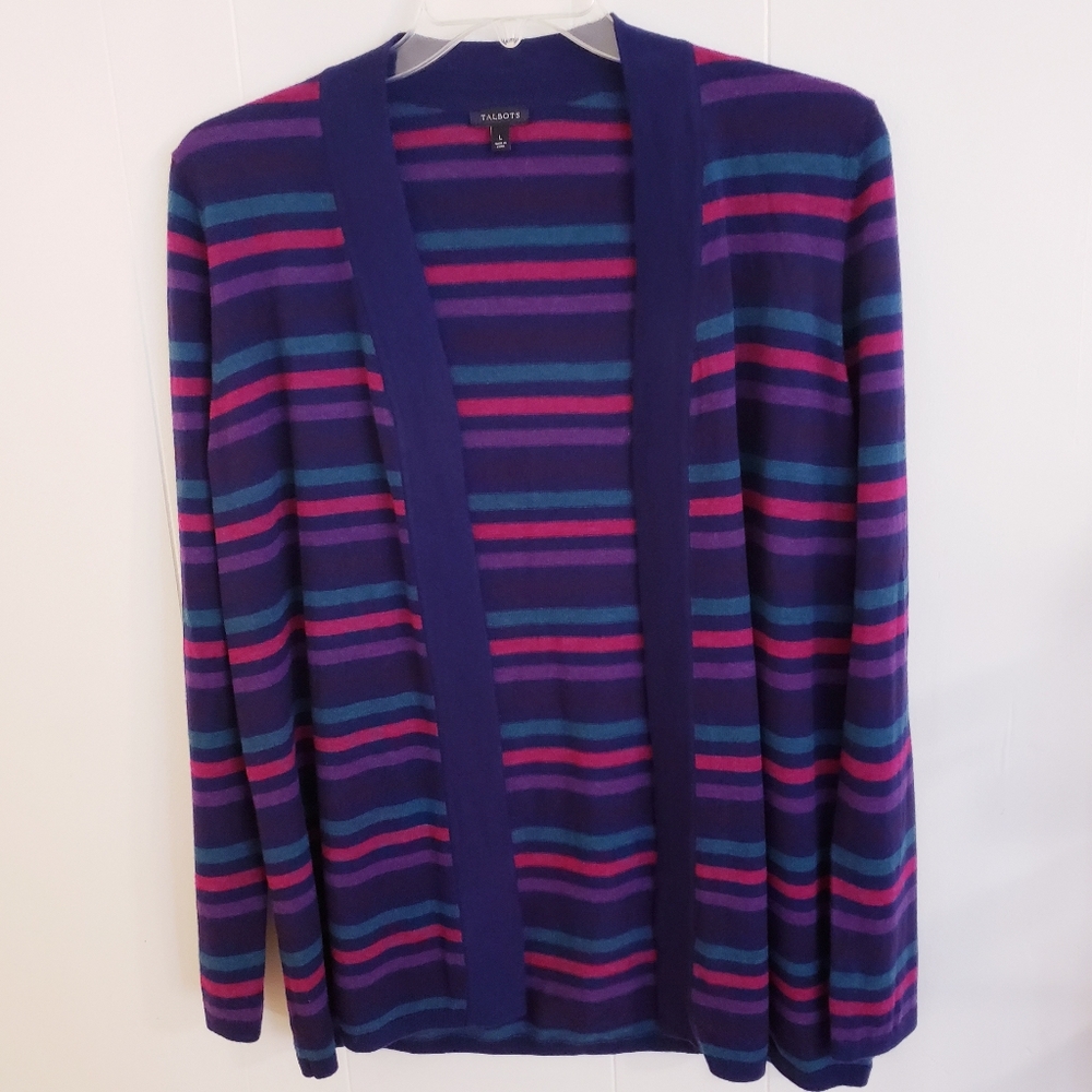 Talbots Women Sweater Cardigan Large Blue Purple Pink Stripe Open Front Long